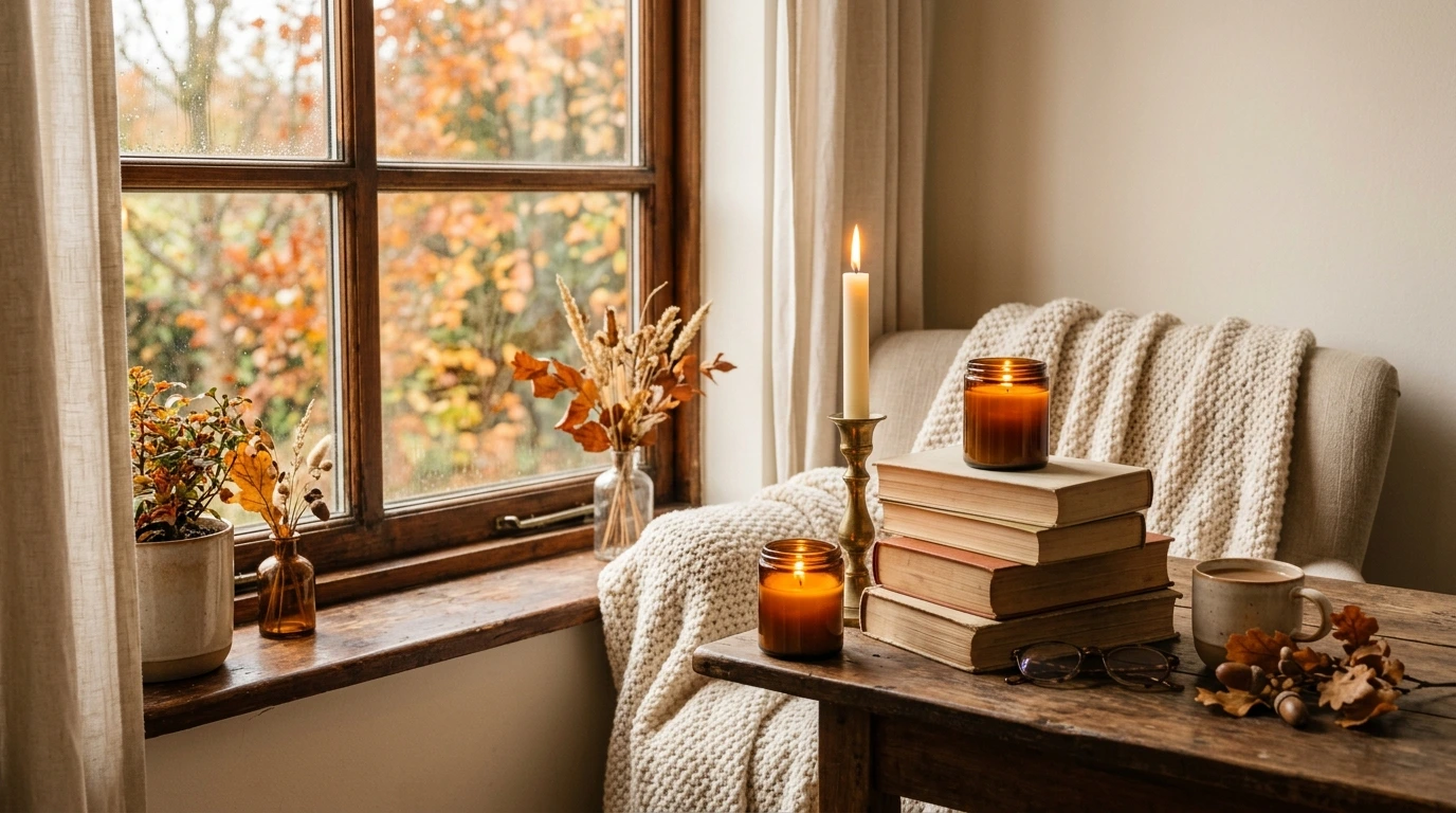 Décoration automne bougies livres fenêtre