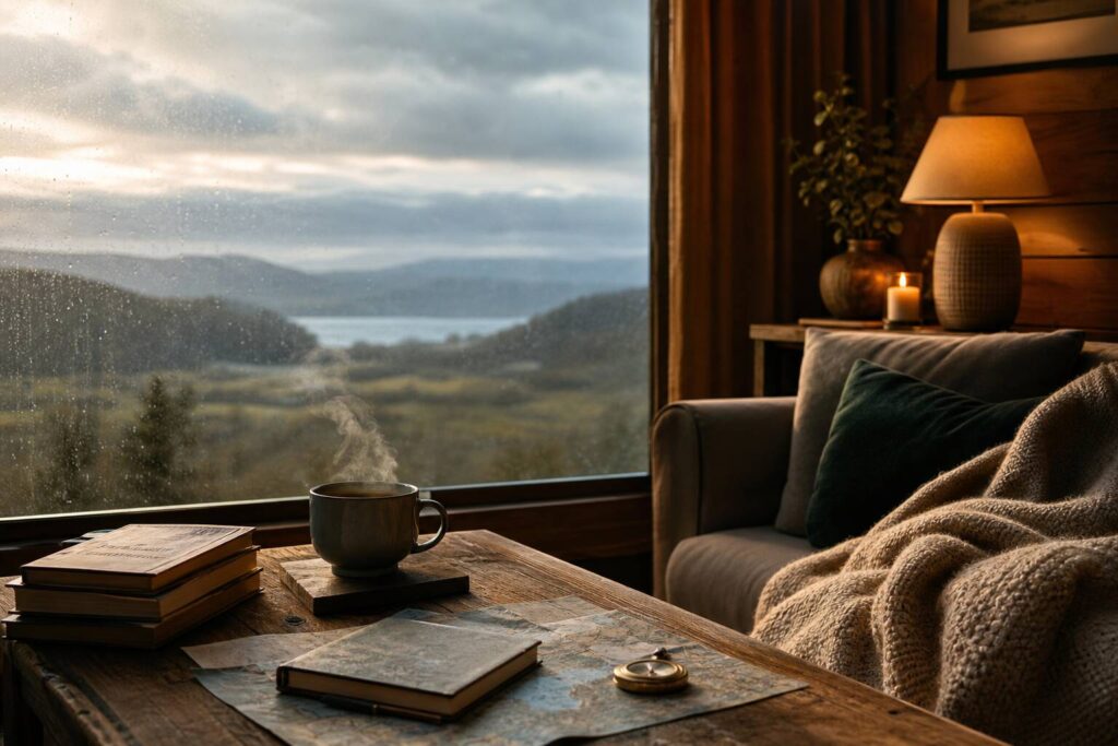 Salon cosy avec tasse de thé, livres et carte dépliée devant une fenêtre pluvieuse