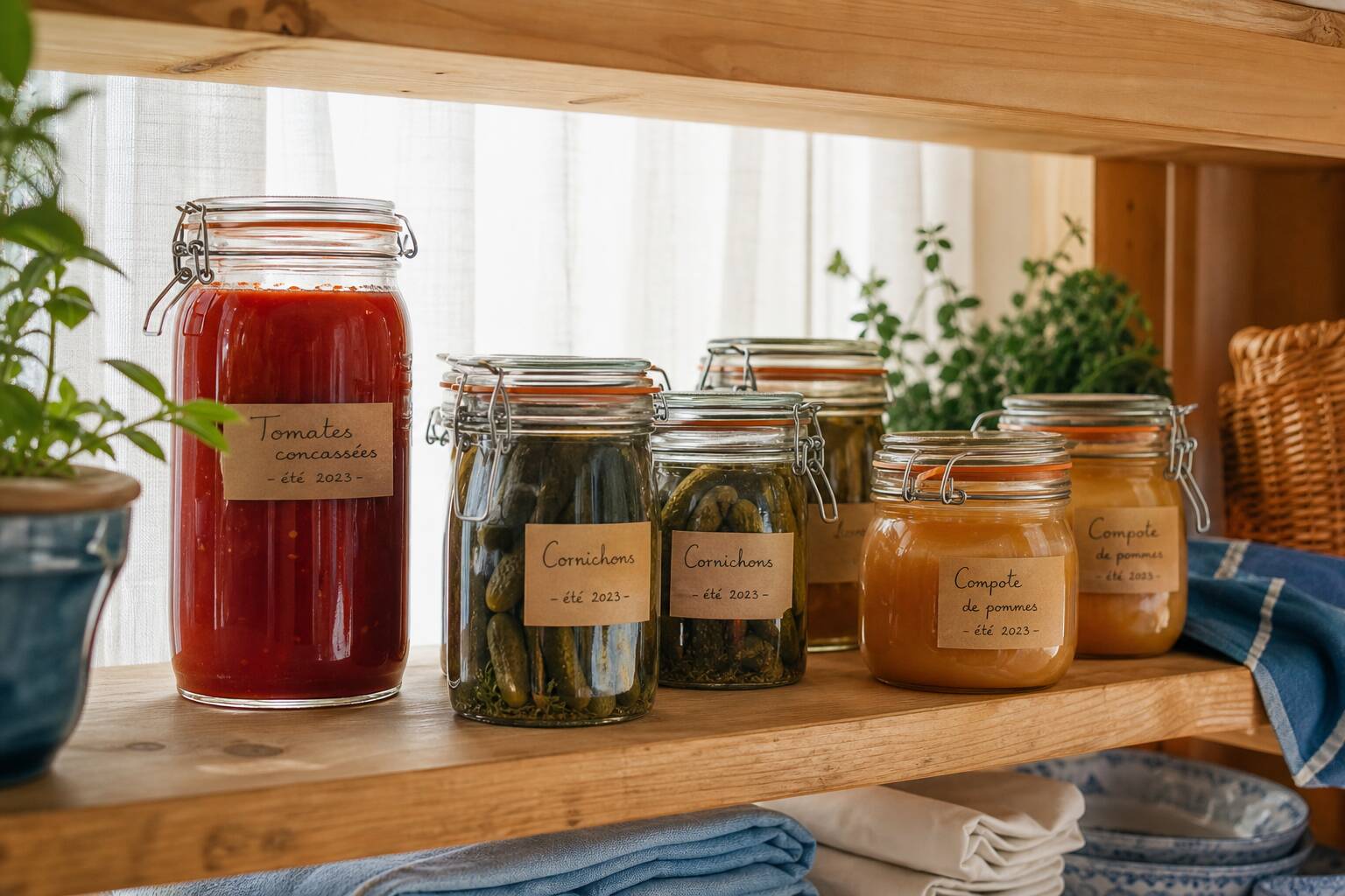 Étagère de bocaux en verre contenant tomates concassées, cornichons et compote, garde-manger organisé et lumineux