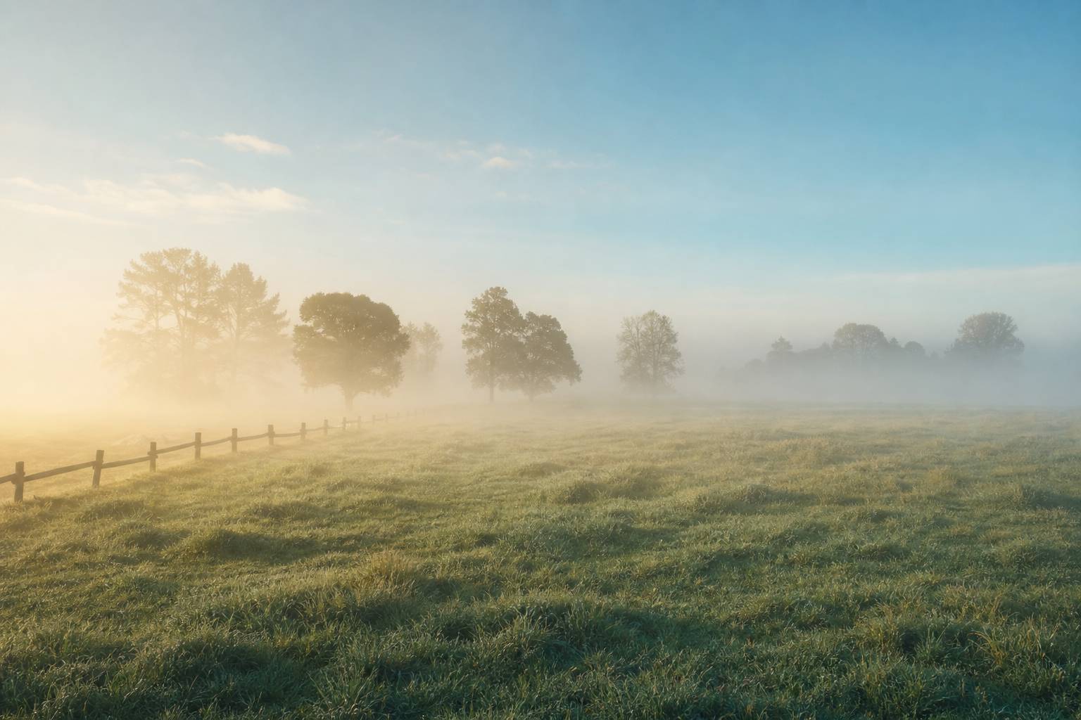 Brouillard epais recouvrant un pre verdoyant avec silhouettes d arbres estompees par la brume