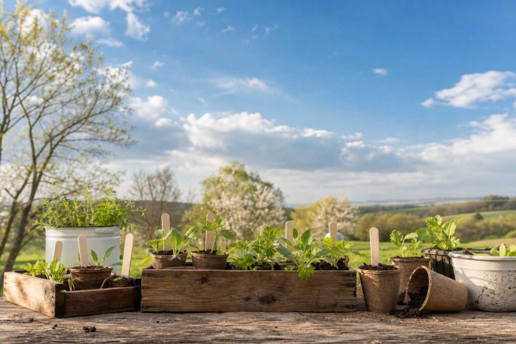 Semis en godets alignés sur une table en bois avec étiquettes au potager printanier