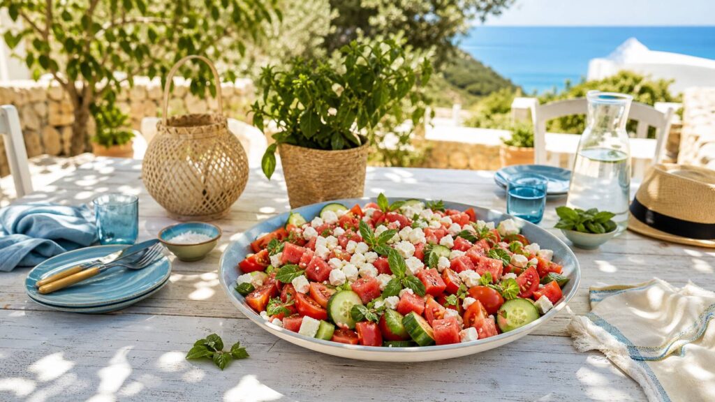 Salade fraîche d'été colorée sur une table de jardin en bois blanc, tomates concombre pastèque feta menthe basilic