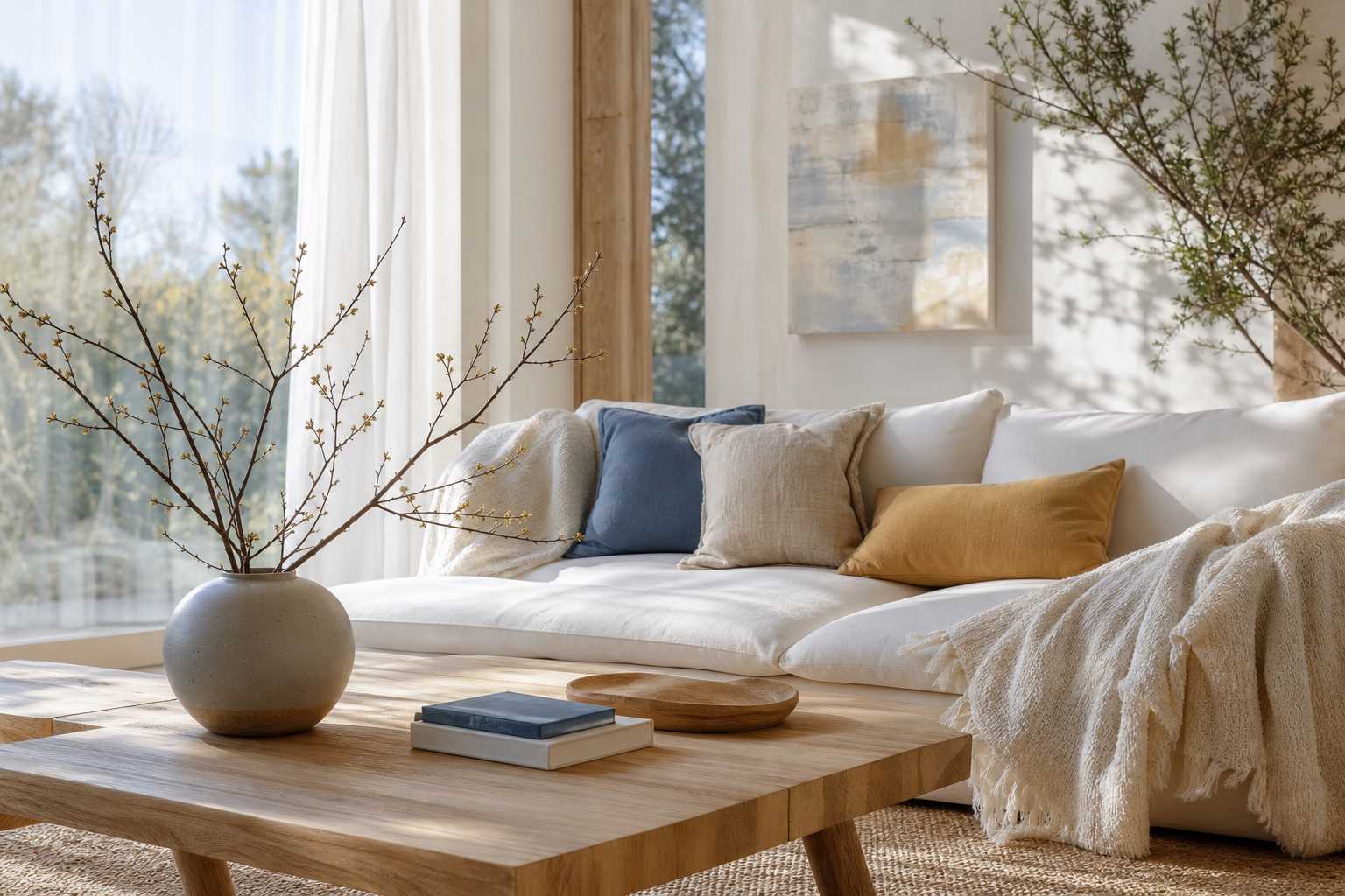 Table basse en bois clair avec vase de branches de saison et coussins en lin beige