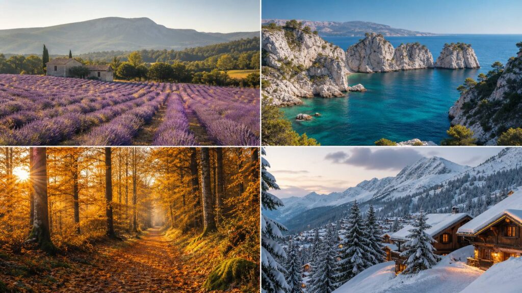 Vue panoramique des quatre saisons en France - printemps lavande, été calanques, automne forêt, hiver montagne - destinations voyage France saisonnier