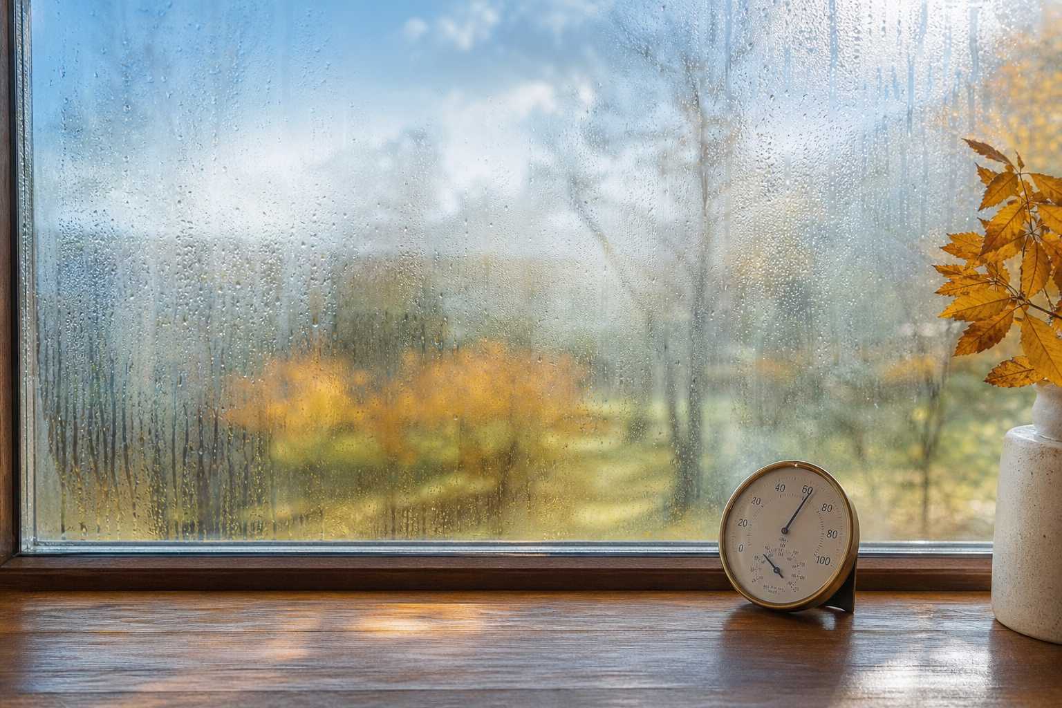 Fenêtre avec condensation matinale en automne et gouttes d'eau sur la vitre