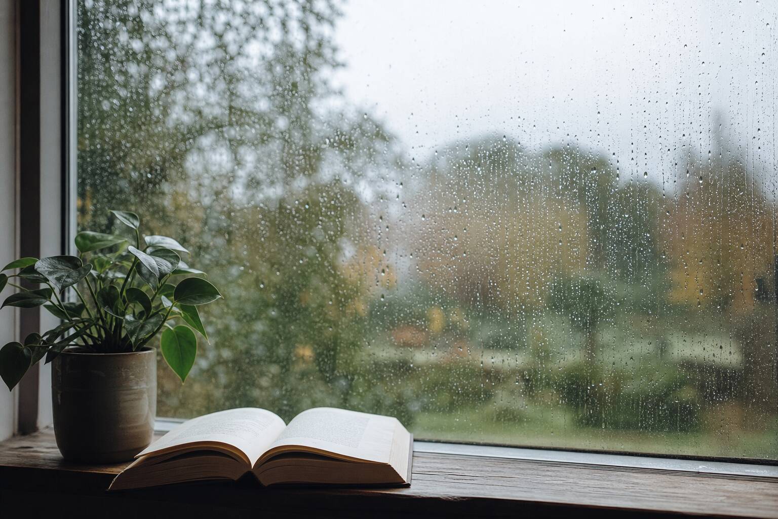 Gouttes de pluie ruisselant sur une vitre avec un livre ouvert et une plante sur le rebord