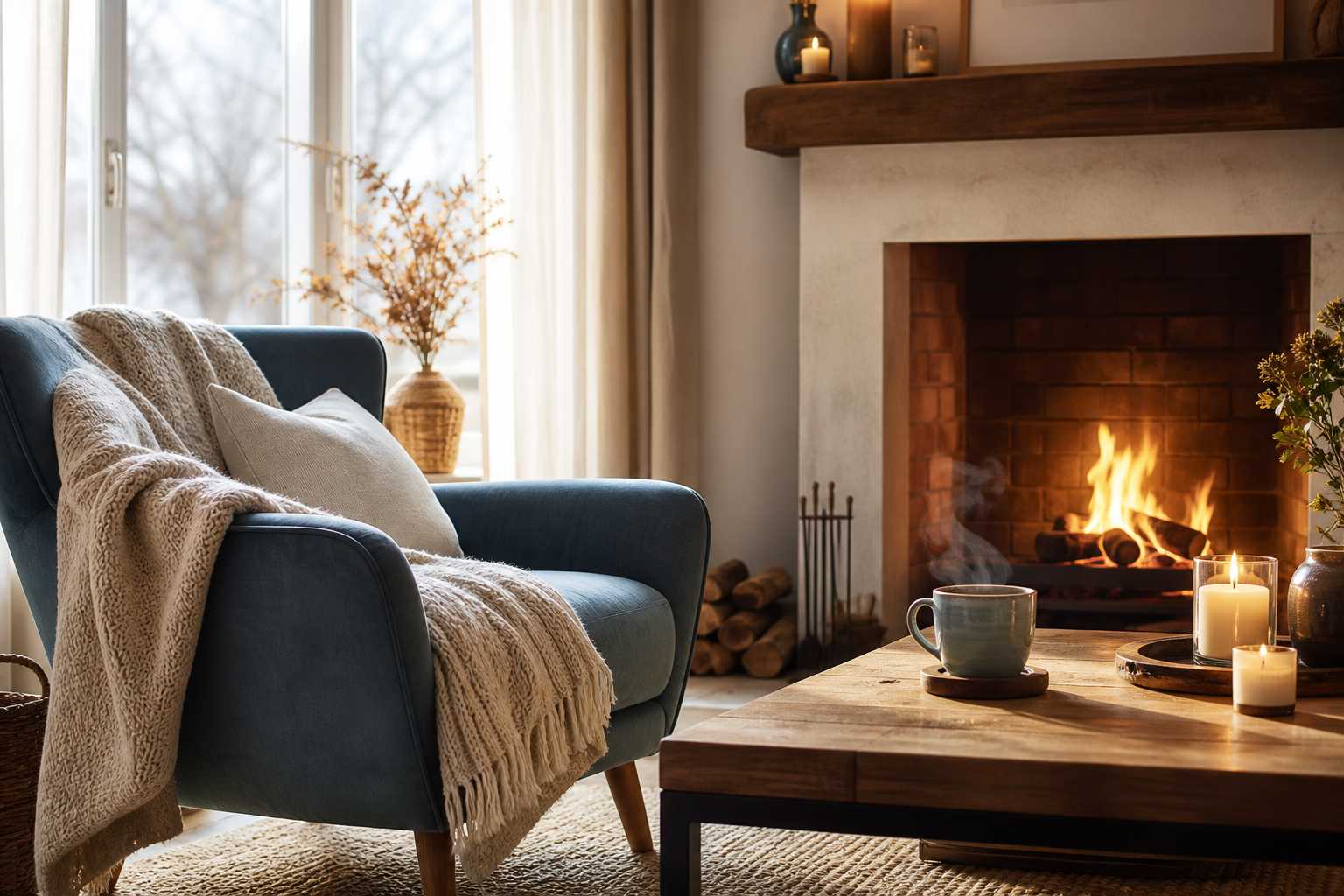 Intérieur chaleureux avec feu de cheminée, plaid en laine et tasse de thé fumante