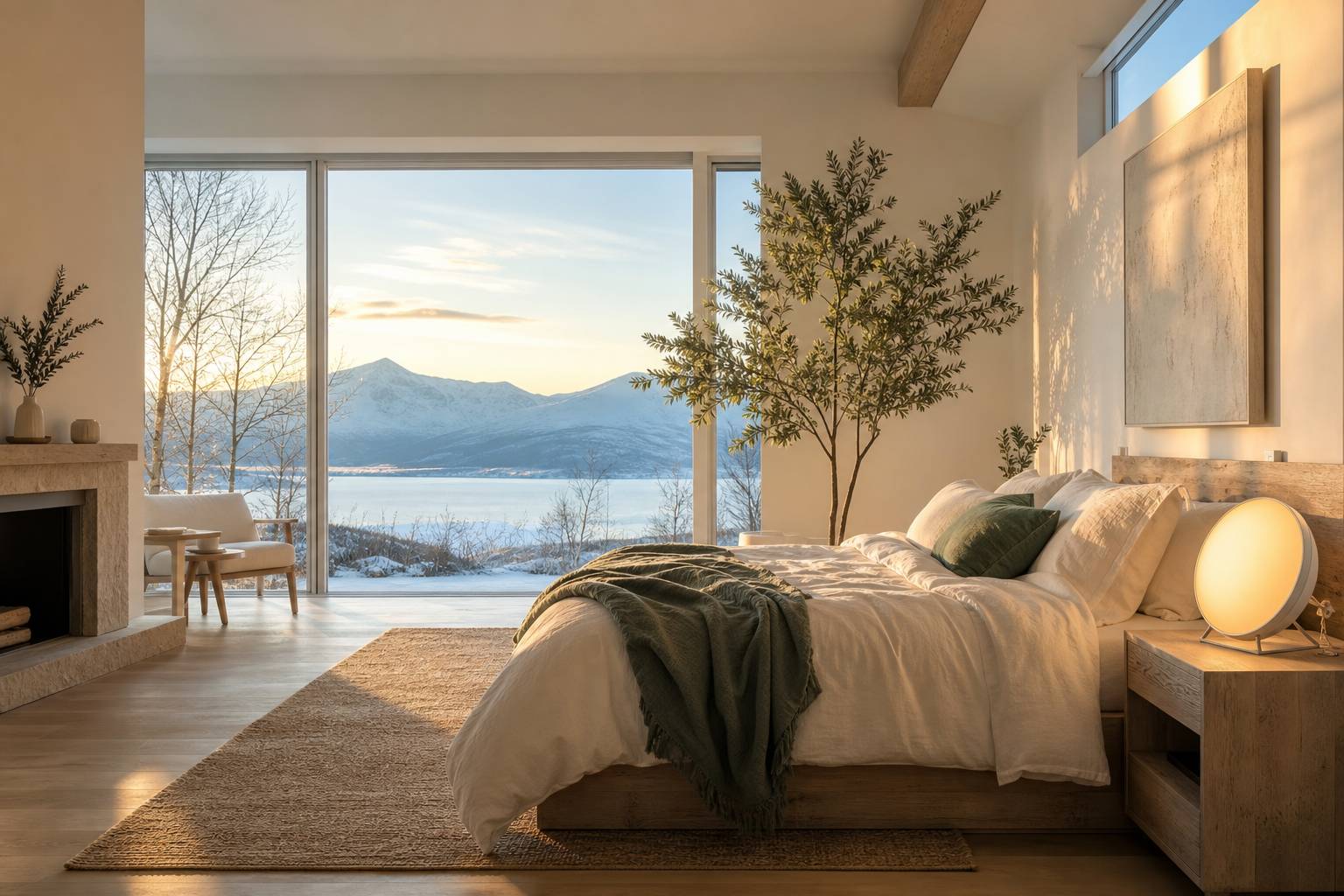 Lampe de luminotherapie simulateur d aube dans une chambre calme le matin