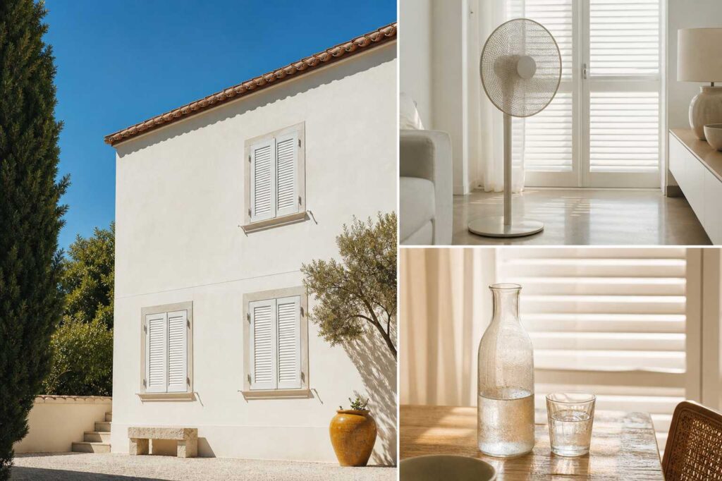 Maison lumineuse avec volets fermés en canicule et ventilateur dans intérieur clair