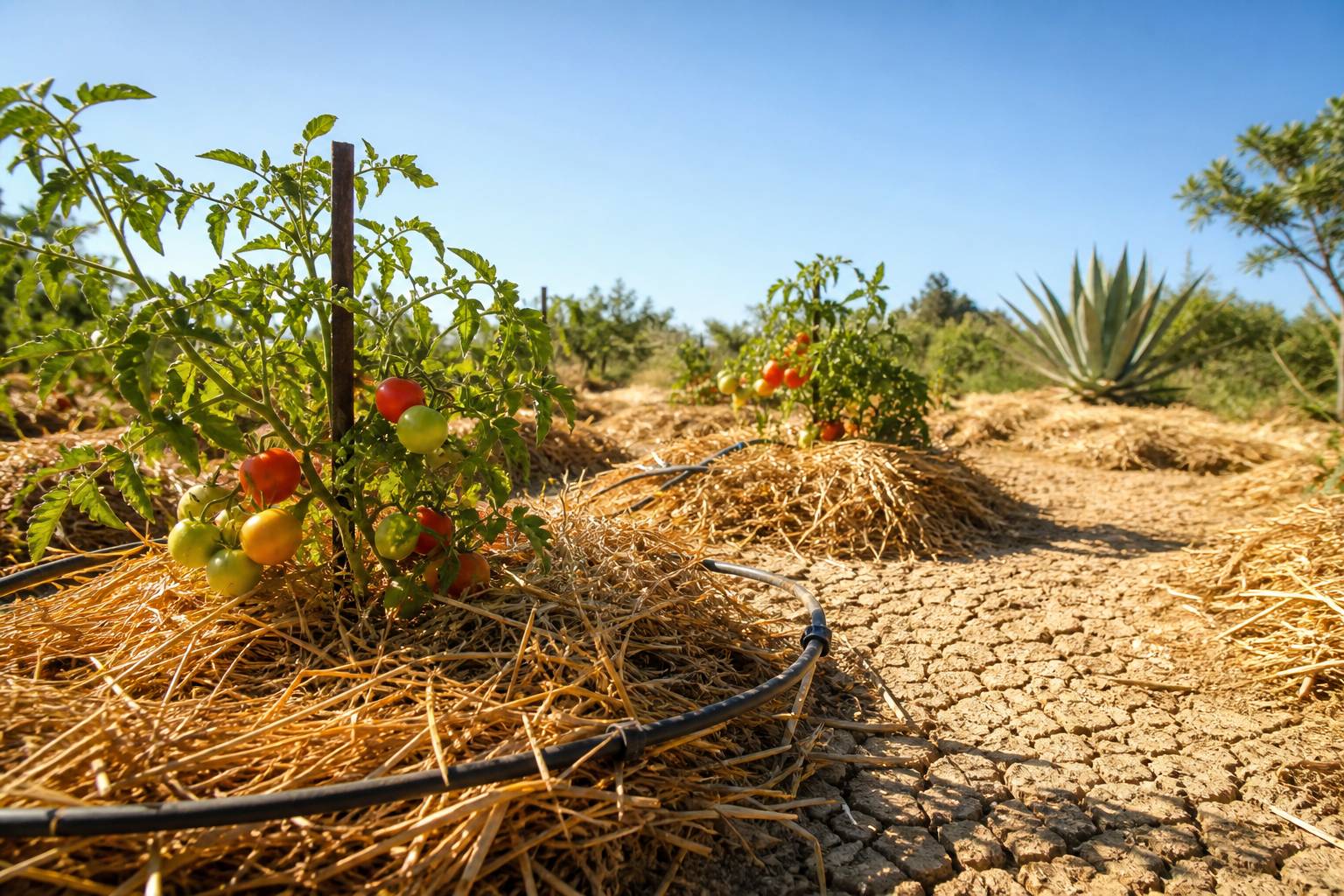 Paillage de paille épaisse au pied de plants de tomates avec irrigation goutte-à-goutte