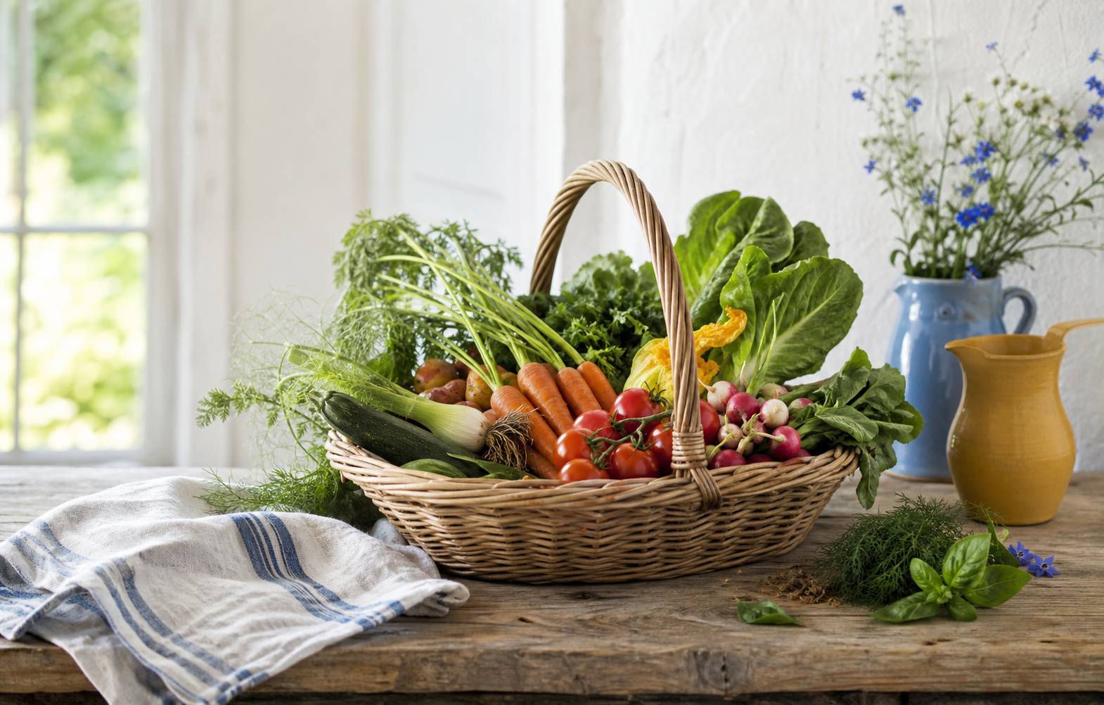 Panier en osier rempli de légumes frais du potager sur une table en bois rustique