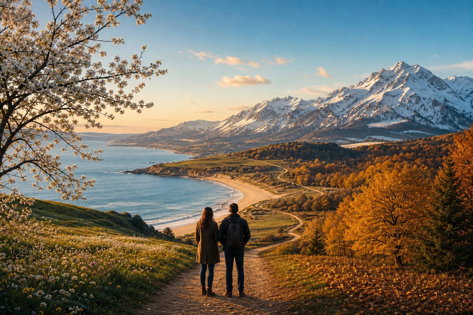 Couple contemplant un paysage français aux quatre saisons, évocation de voyage saisonnier