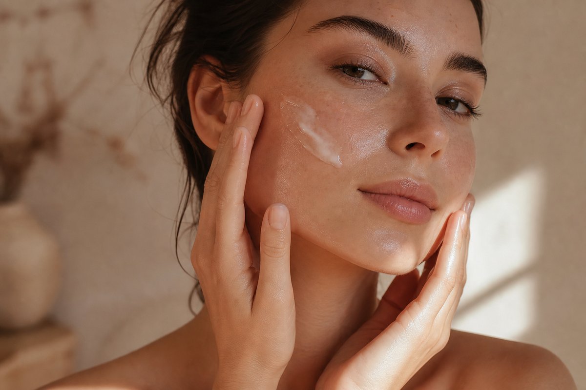 Mains appliquant crème hydratante sur visage femme - soin peau hydratation quotidienne routine beauté