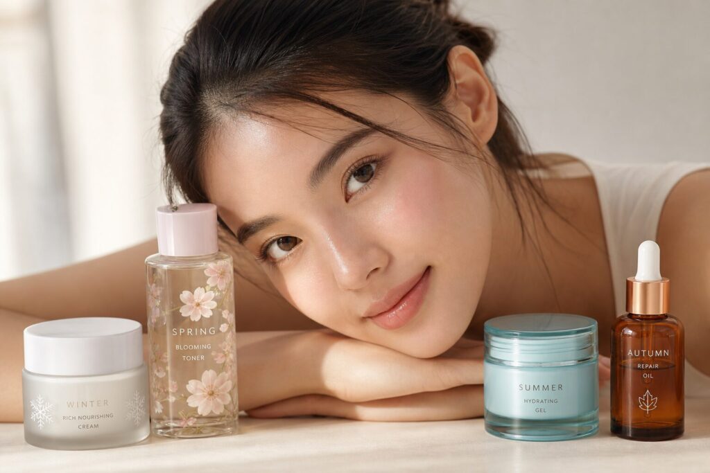 Routine soin visage quatre saisons - crème hiver, toner printemps, gel été, huile automne pour peau hydratée