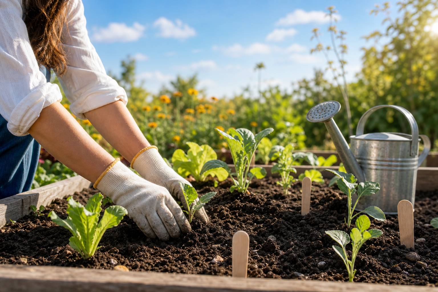 Mains gantées plantant de jeunes pousses dans un potager avec arrosoir métallique