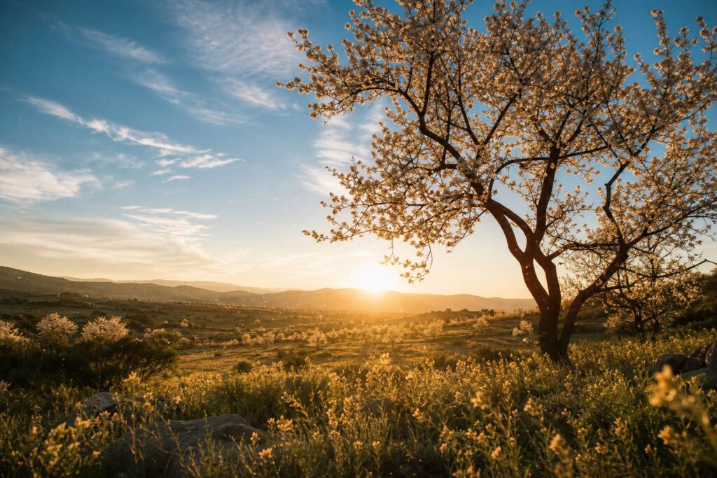 Champs printaniers et arbres fleuris au coucher du soleil, saison des pollens