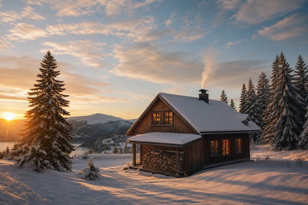 Maison en bois isolée dans un paysage enneigé avec fumée de cheminée et guirlandes lumineuses