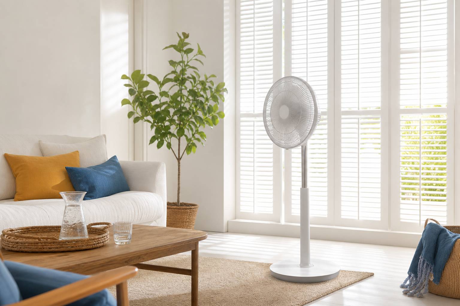 Ventilateur sur pied dans salon clair avec volets fermés laissant filtrer la lumière