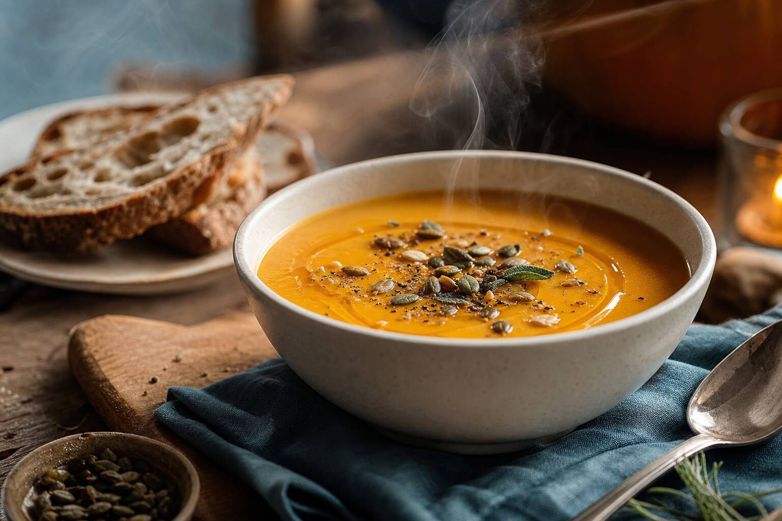 Bol fumant de velouté de potimarron avec graines toastées et pain de campagne, ambiance cocooning hivernale