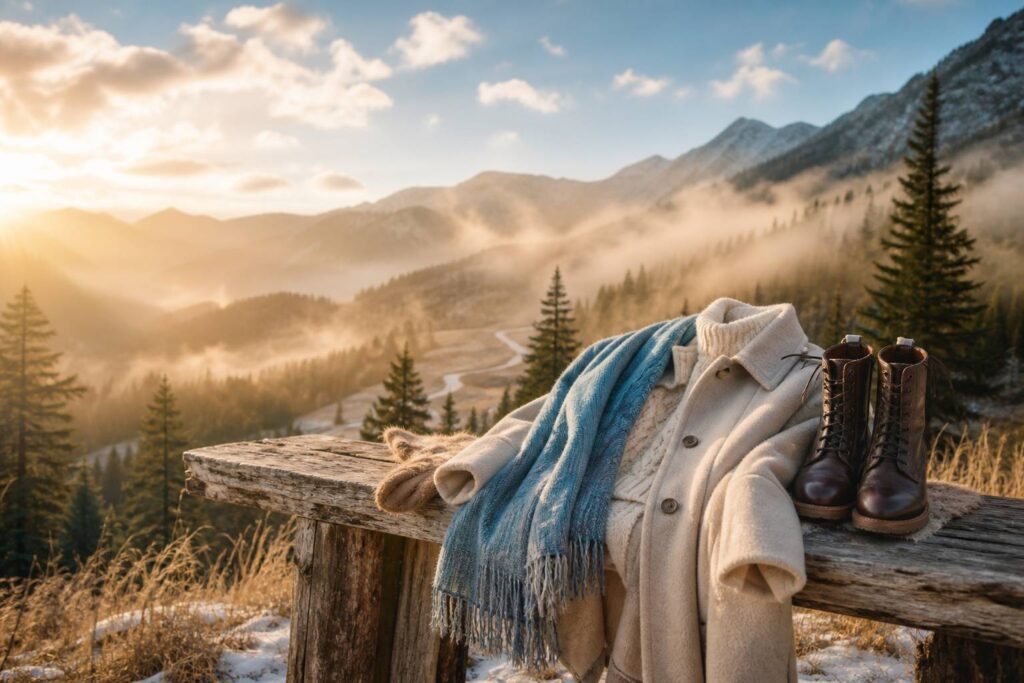 Vetements d hiver en couches sur un banc bois, foret brumeuse en arriere-plan