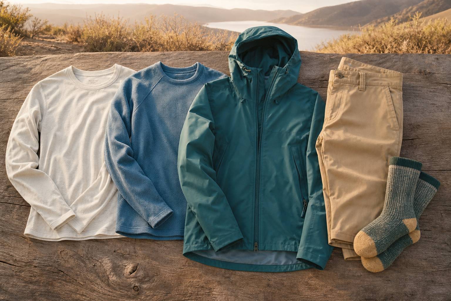 Tenue en couches detaillee : sous-couche, pull, veste, pour adaptation thermique