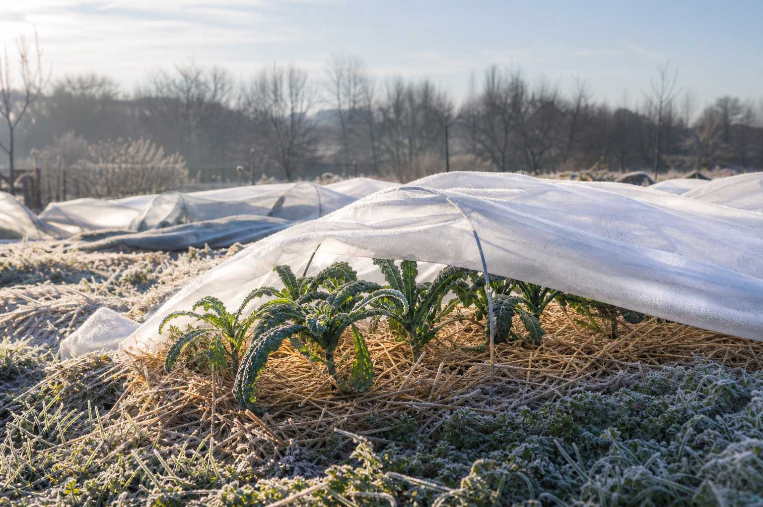 Jeunes plants potagers protégés par un voile d'hivernage avec paille au pied