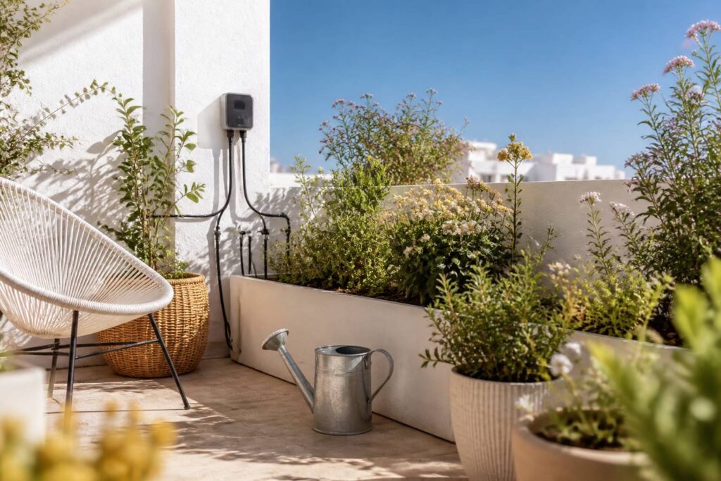 Balcon avec plantes et système d'arrosage automatique goutte-à-goutte