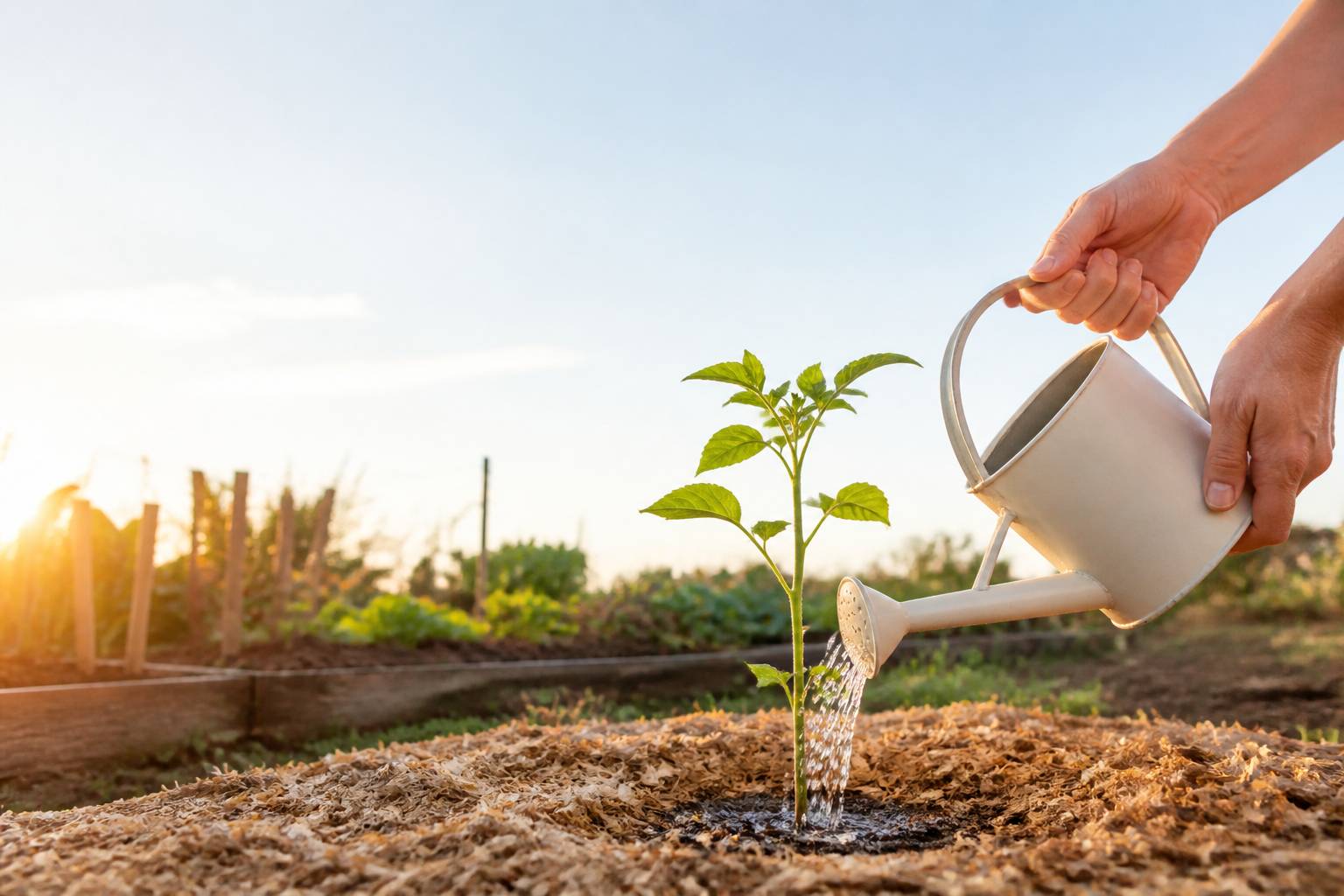 Mains versant de l'eau au pied d'une plante avec un arrosoir