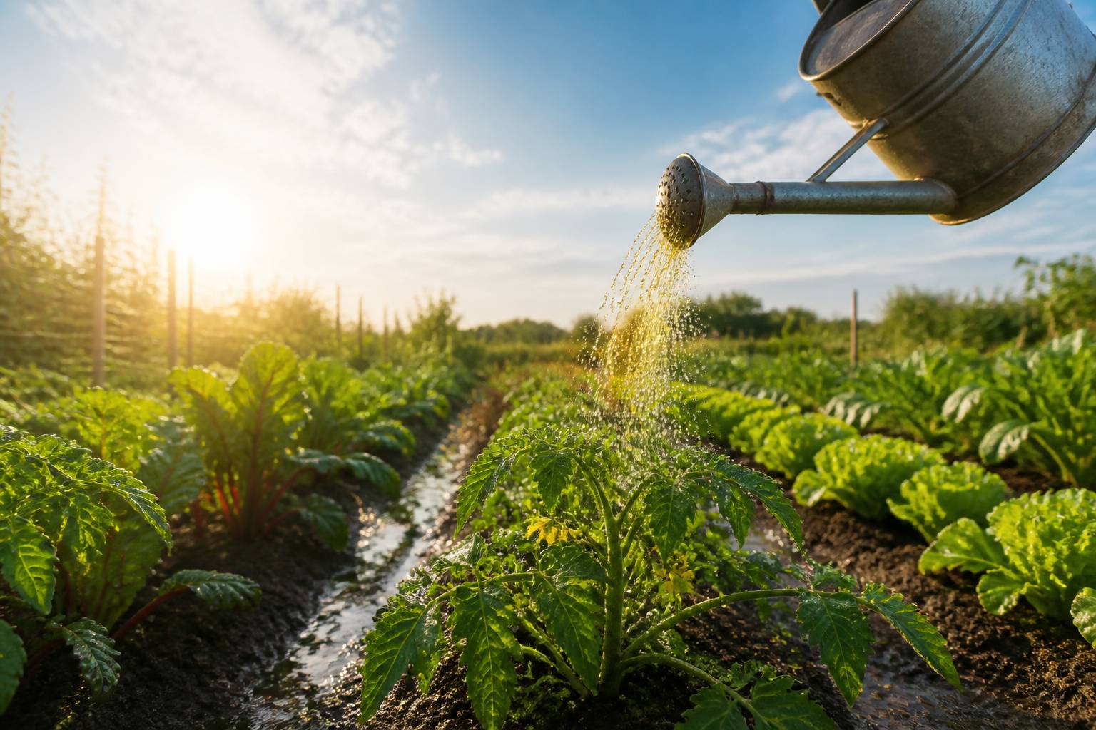 Arrosoir versant du purin d'ortie dilué sur des plants de légumes