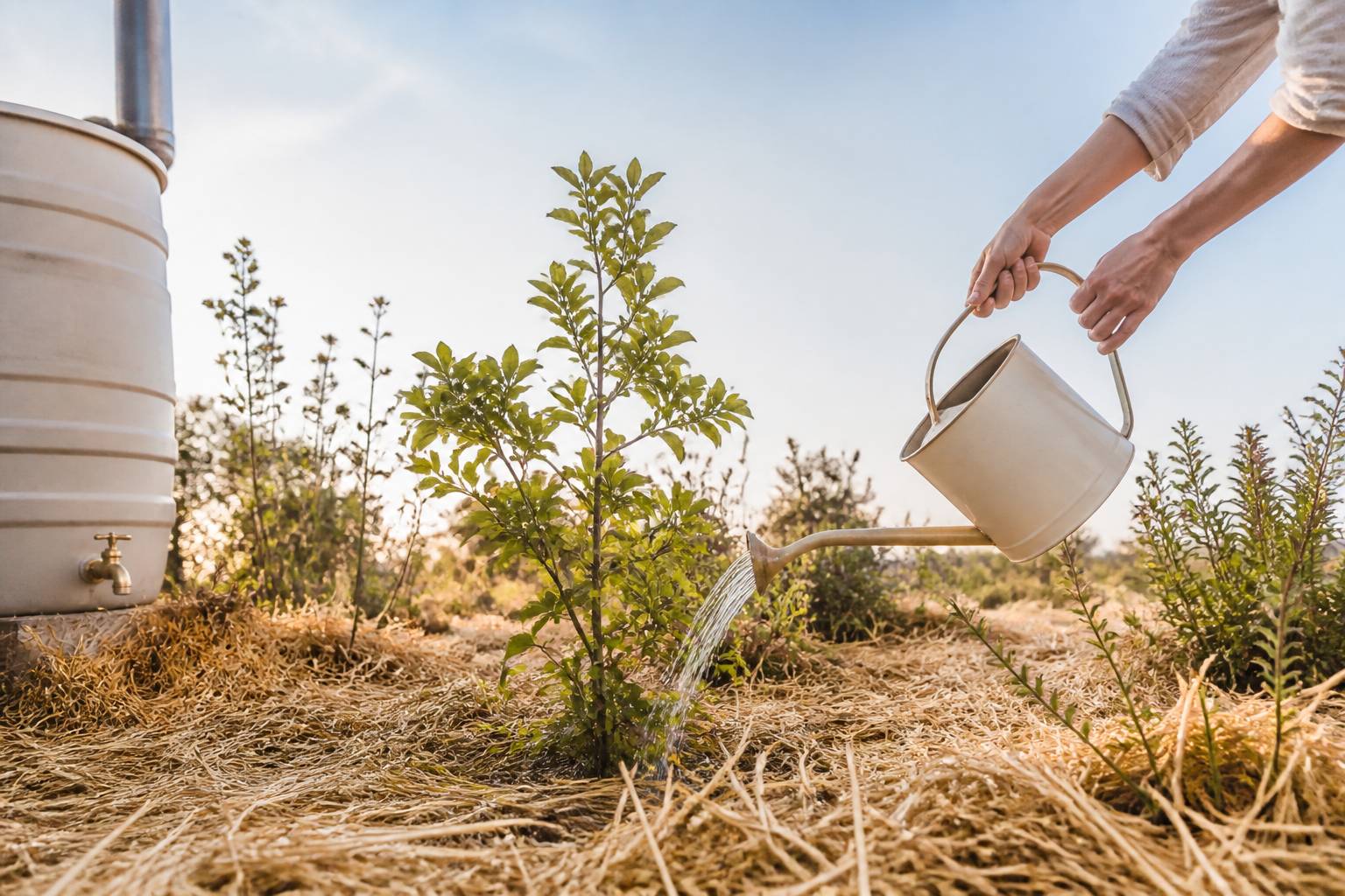 Mains versant de l'eau d'un arrosoir au pied d'une plante paillée