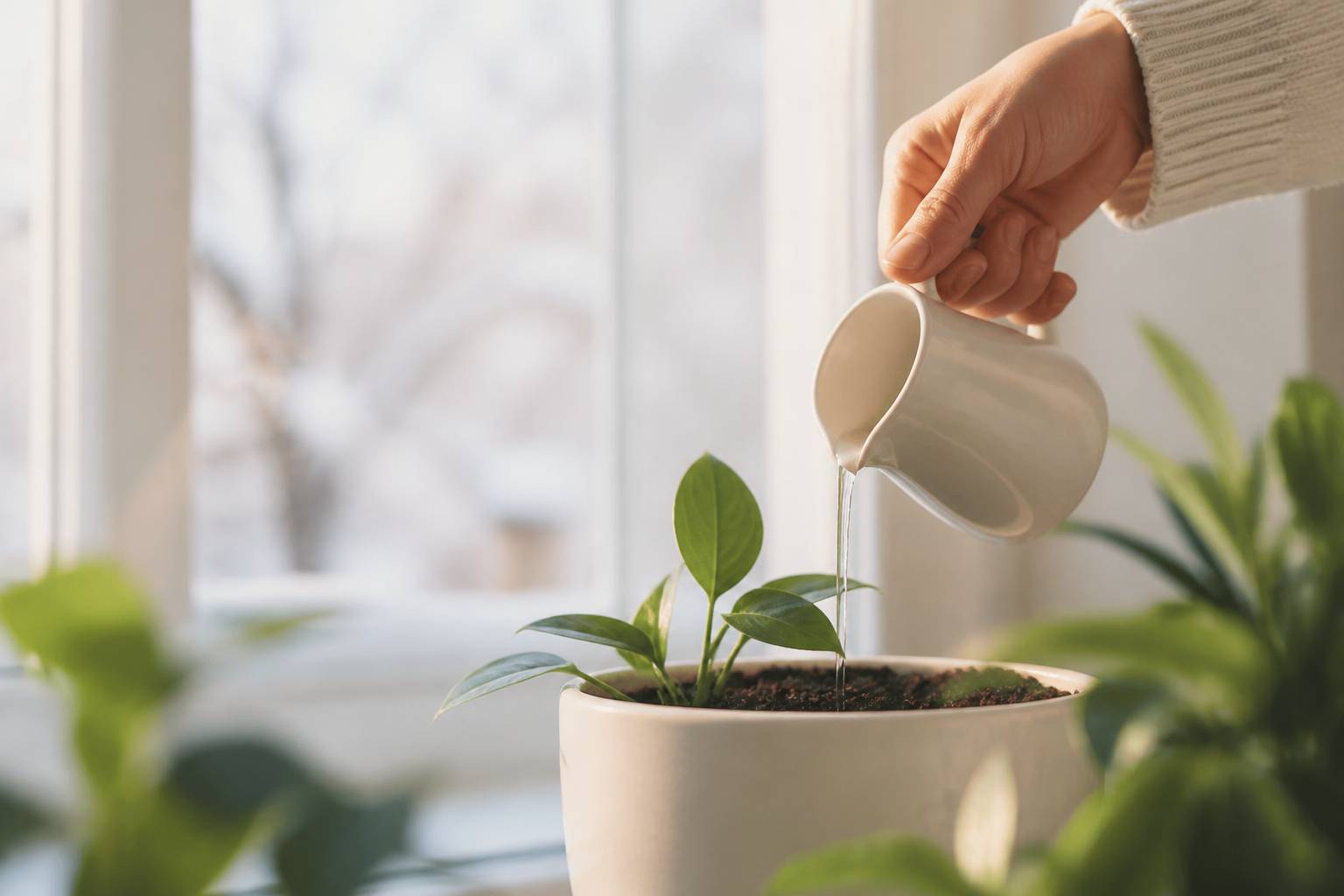 Main versant un filet d'eau sur le terreau d'une plante en pot