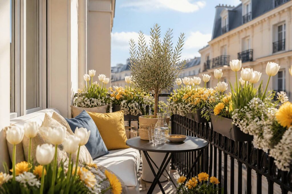 Balcon fleuri au printemps avec jardinières de tulipes et pensées