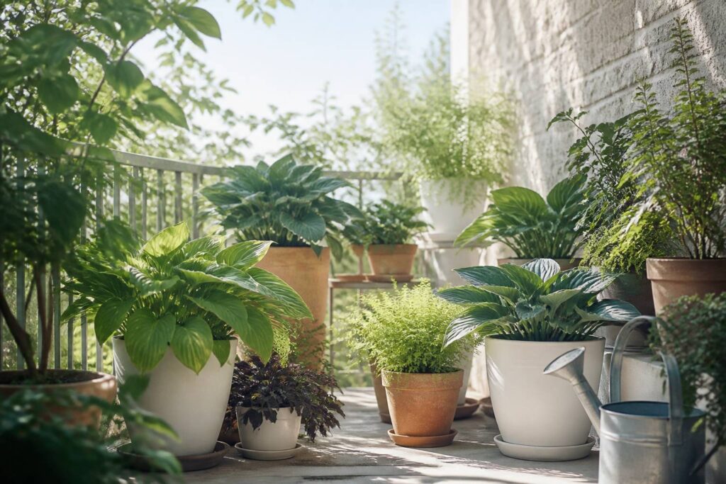 Balcon ombragé avec poteries de hostas, fougères et heuchères