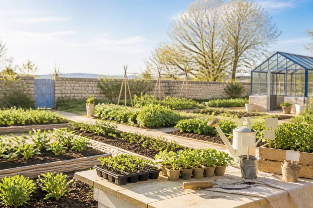 Potager printanier avec des rangées de jeunes plants et des godets de semis