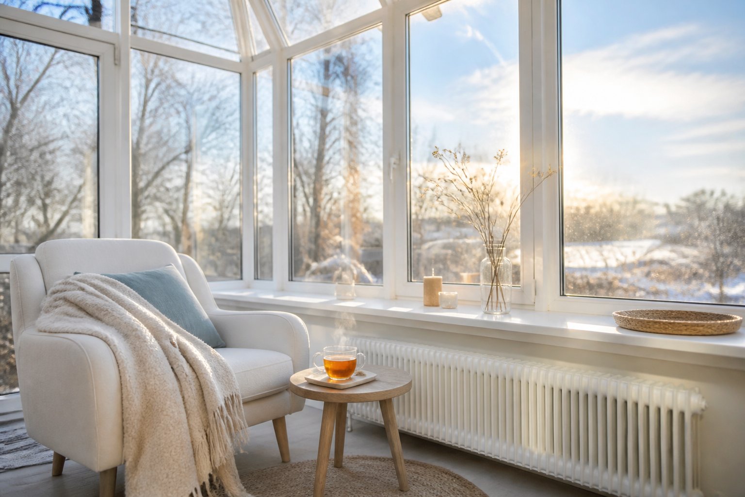 Coin confortable de véranda avec fauteuil en lin, plaid et tasse de thé fumante