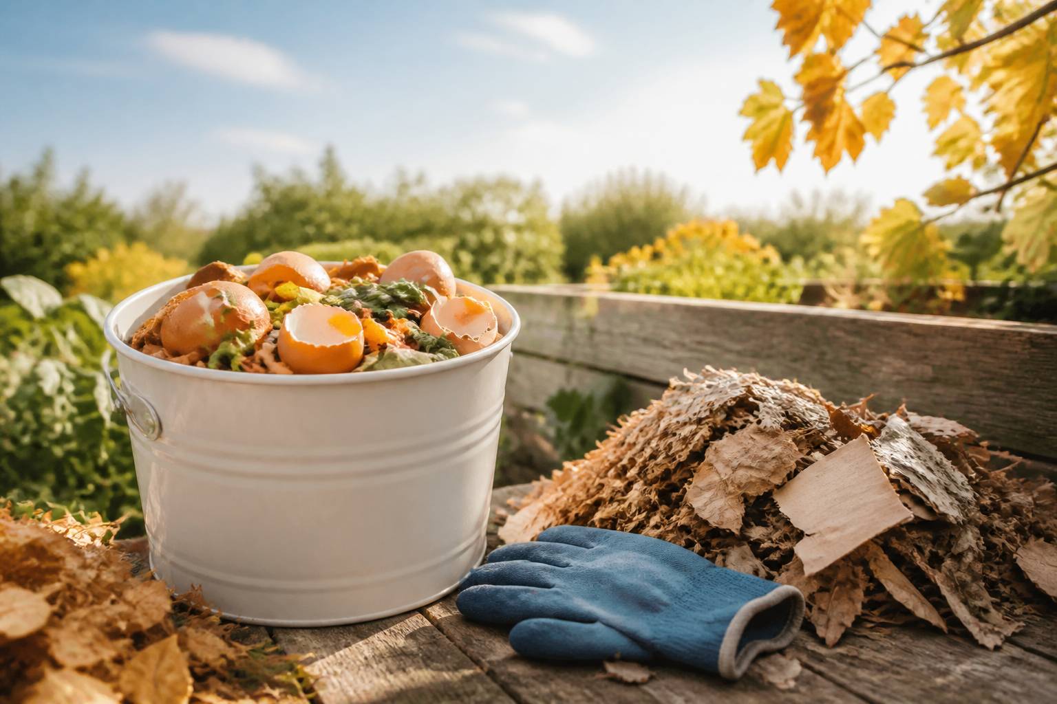 Seau d'épluchures avec feuilles mortes et carton déchiqueté