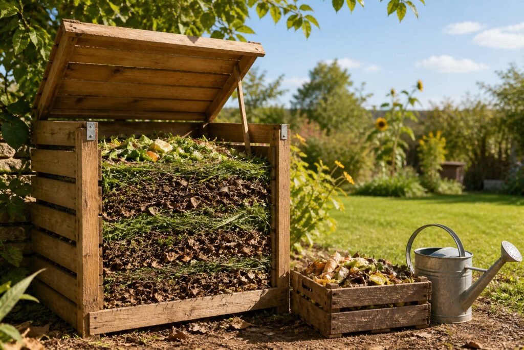 Composteur en bois dans un jardin avec couches de déchets