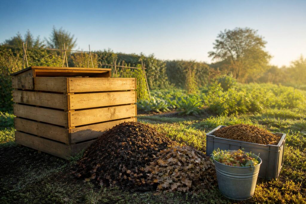 Composteur en bois dans un jardin avec tas de compost et feuilles