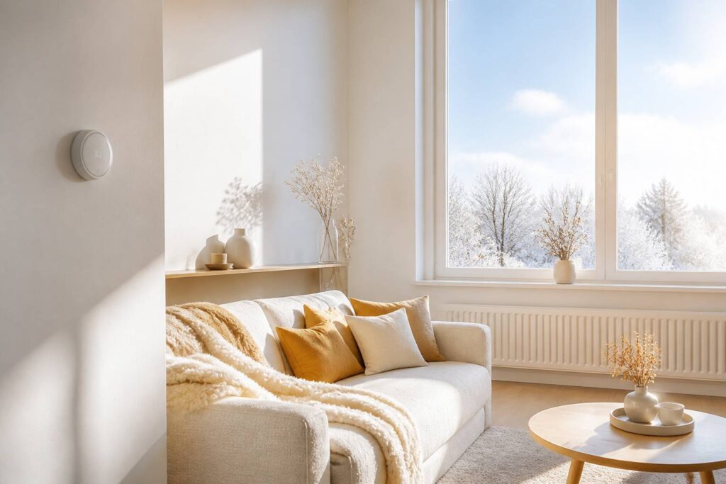 Salon lumineux avec thermostat mural et fenêtre en lumière d'hiver