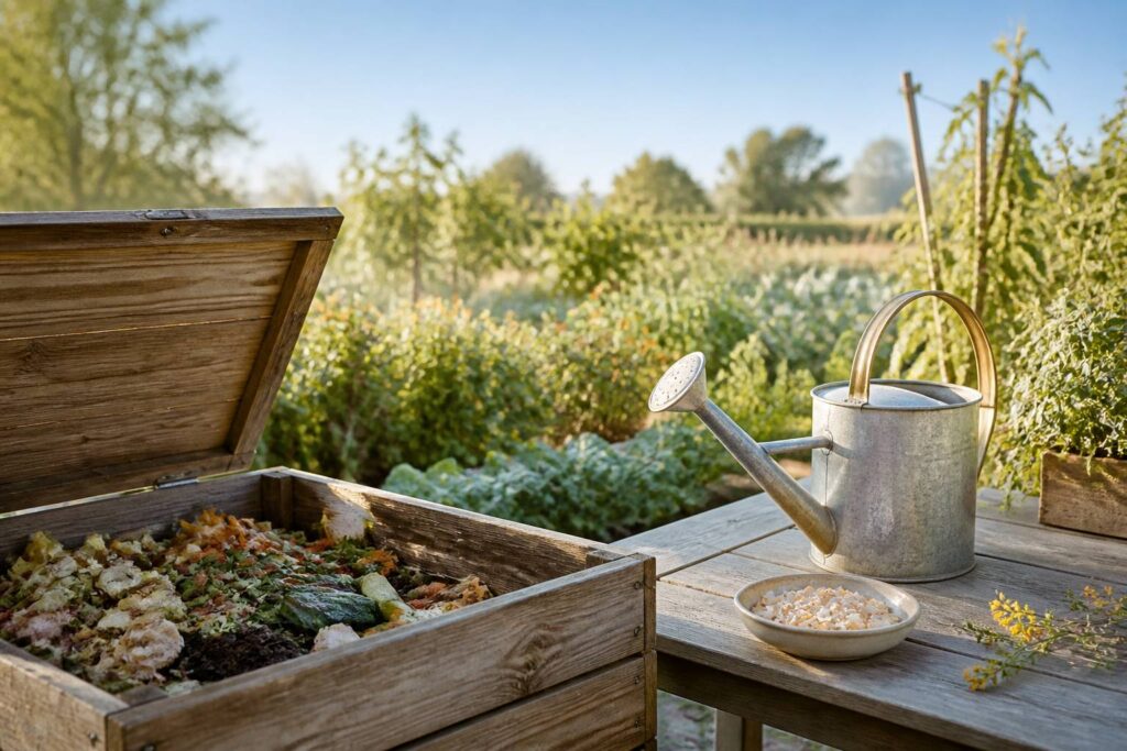 Composteur en bois avec épluchures, marc de café et coquilles d'œufs près du potager