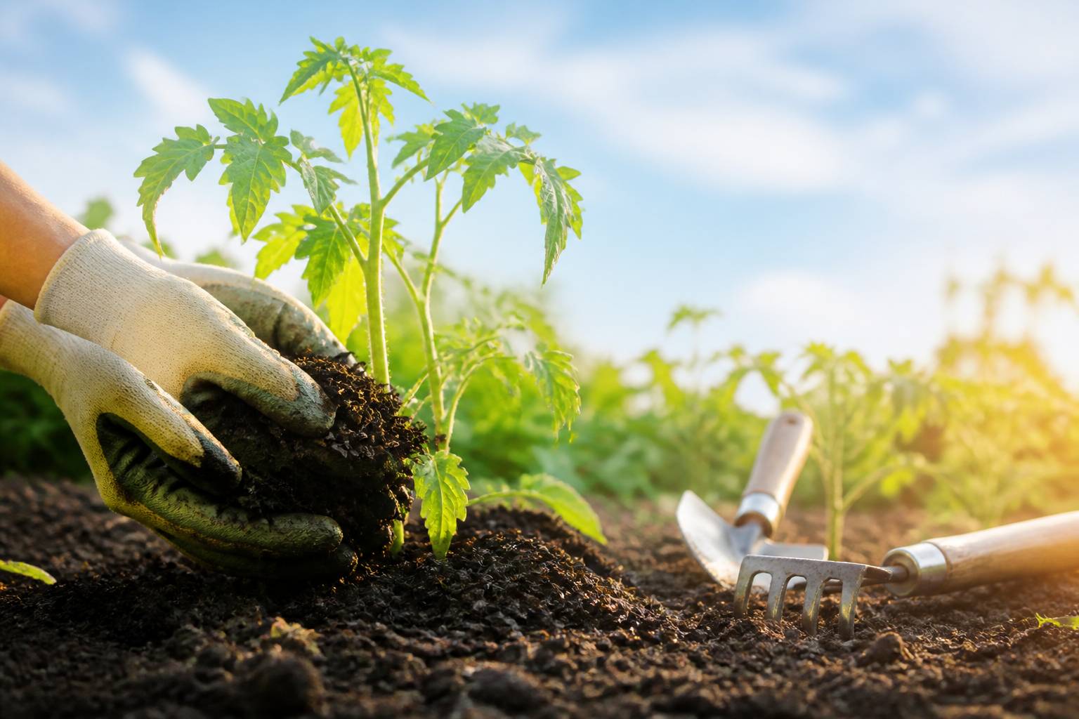 Mains gantées épandant du compost mûr au pied d'un plant de tomate