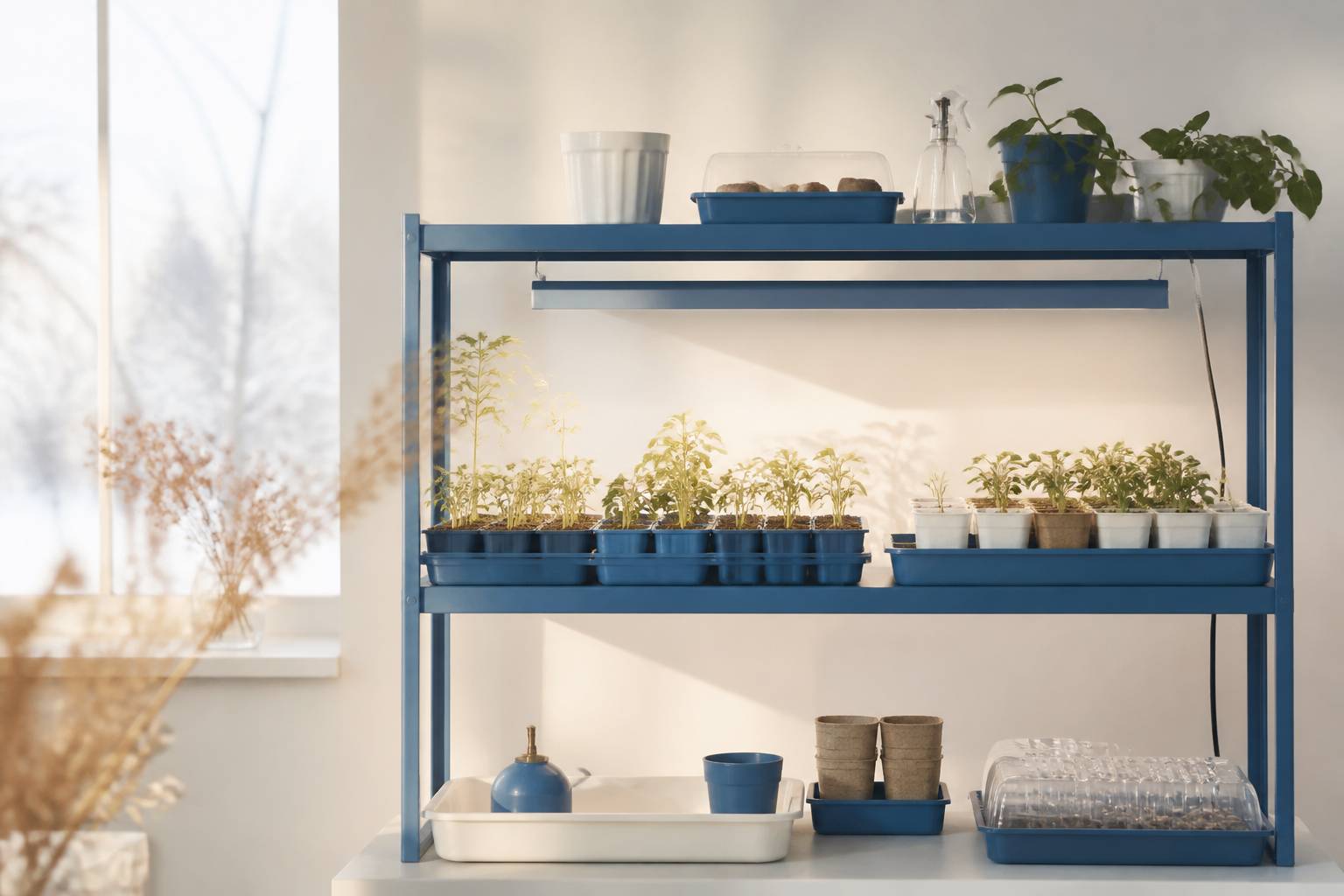 Plateaux de semis sous une lampe de culture en intérieur