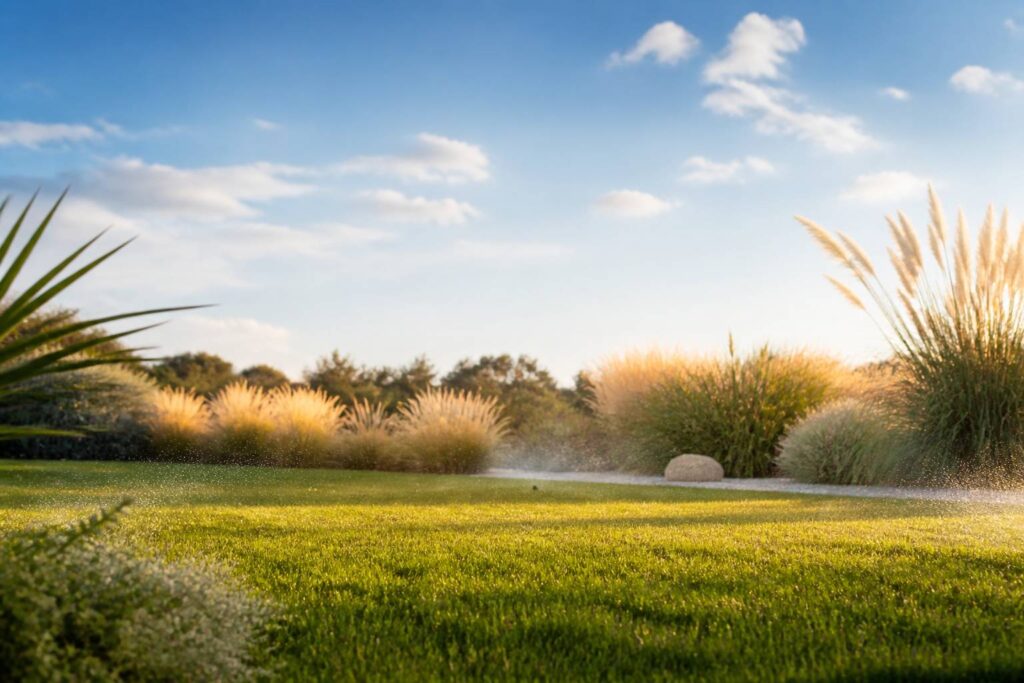Pelouse verte dense d'un jardin ensoleillé avec ciel bleu clair