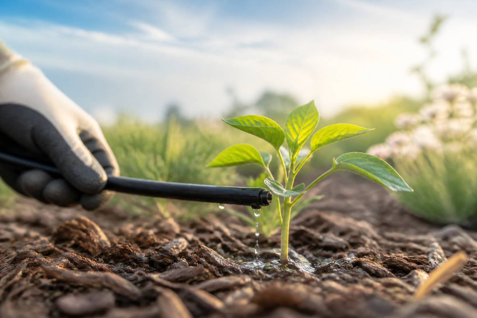 Goutte à goutte arrosant la base d'une plante paillée