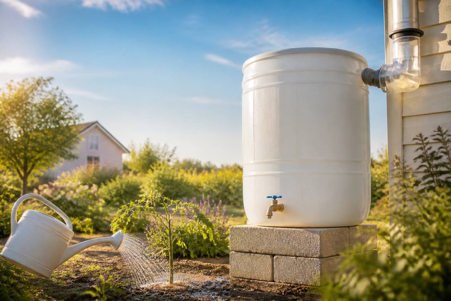 Collecteur transparent relié à une gouttière avec arrosoir au jardin
