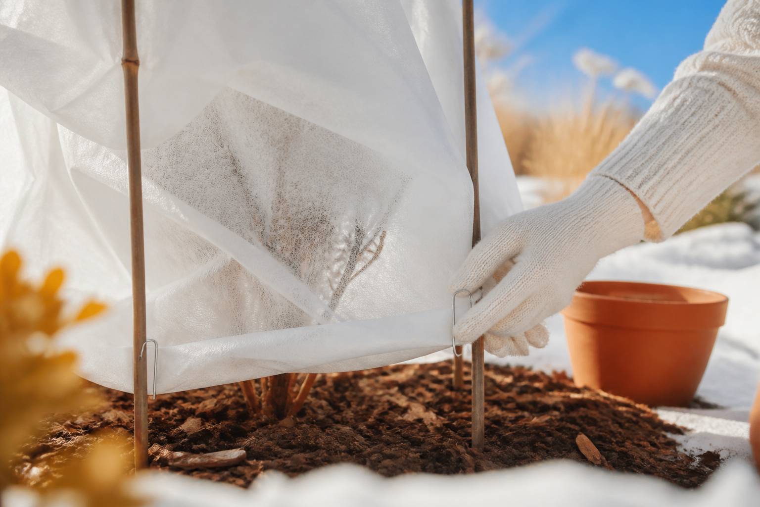 Voile d'hivernage posé sur un arbuste avec piquets de fixation et main gantée ajustant le tissu