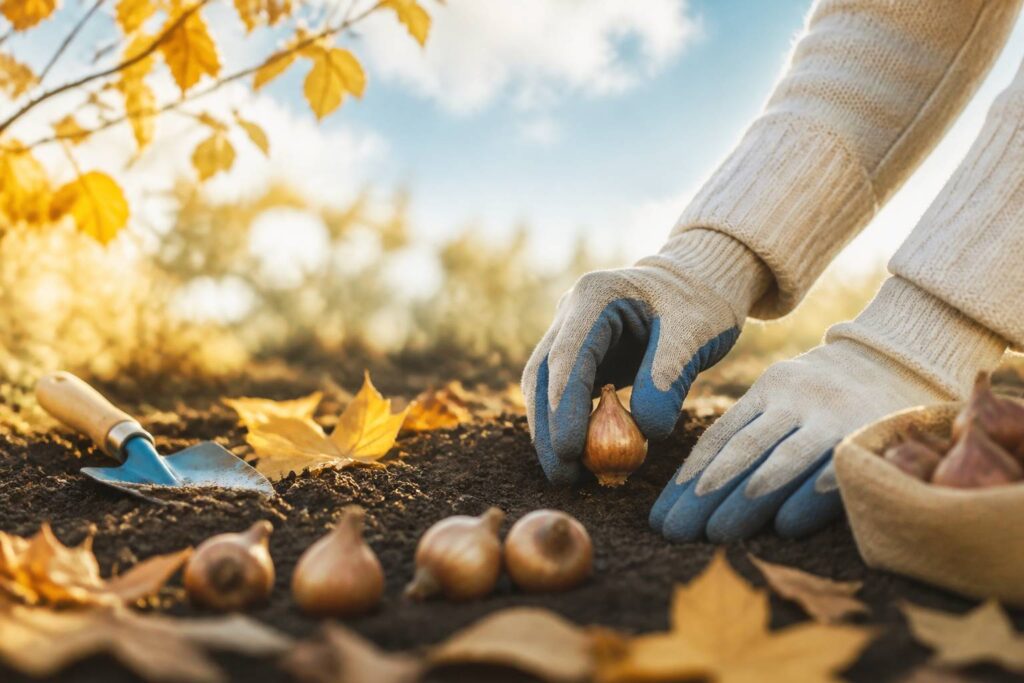 Mains gantées plantant des bulbes dans une terre d'automne avec des feuilles dorées