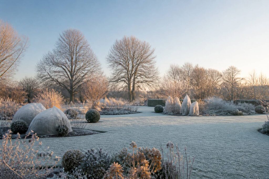Plantes protégées par un voile d'hivernage dans un jardin givré