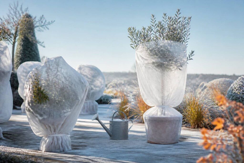 Jardin d'hiver avec plantes en pot protégées par un voile d'hivernage blanc translucide et givre léger