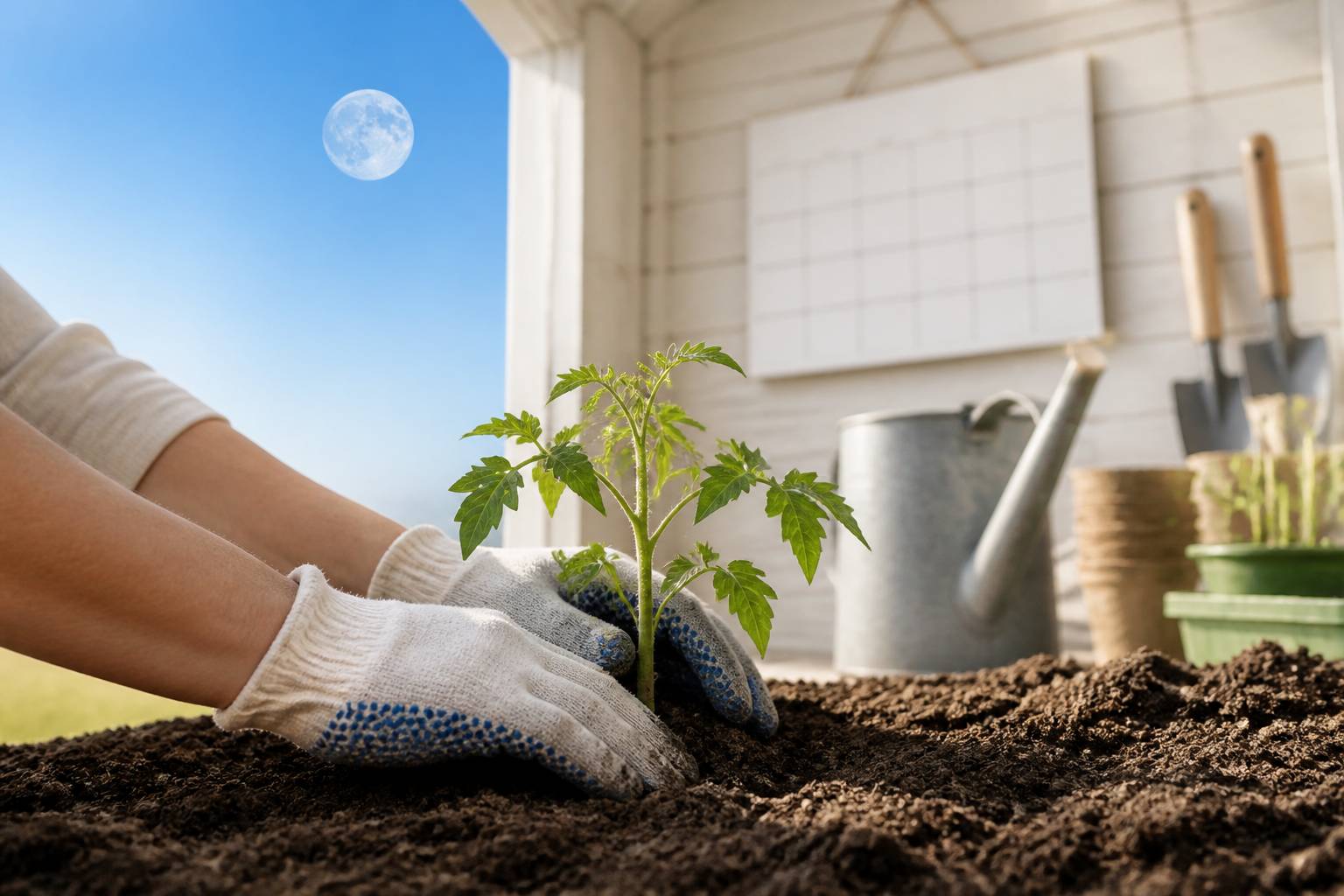 Mains gantées plantant un jeune plant de tomate avec calendrier au fond